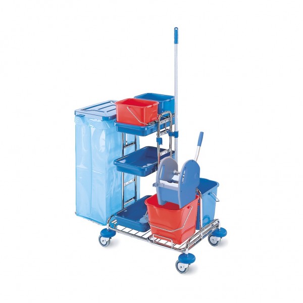 Carucior cu doua galeti de 15L, storcator, doua galeti de 9L, raft si suport pentru sac de 120L, cadru metalic Carucior cu doua galeti de 15L, storcator, doua galeti de 9L, raft si suport pentru sac de 120L, cadru metalic